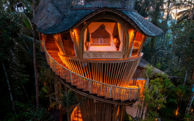 The sky villa towers above the trees and features a private Jacuzzi.