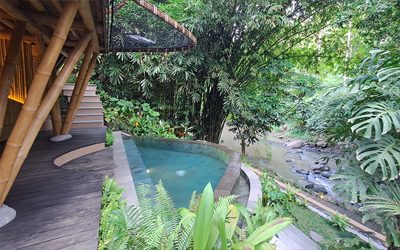 Our pavilion had a private infinity pool and unobstructed jungle river views. An additional private stone bathttub can be found right next to the river. Honeymooners: It is possible to have a floating breakfast in the pool or a flower bath in the bath tub