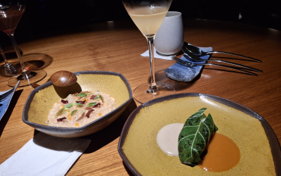 The food was spectacular. On the left the Rice koji porridge with soy beans and kimchi, and on the right the catch of the day wrapped in bulun boan leaf.