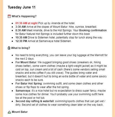 If we arrange your honeymoon, we provide you with a day-by-day booklet with everything you need to know.